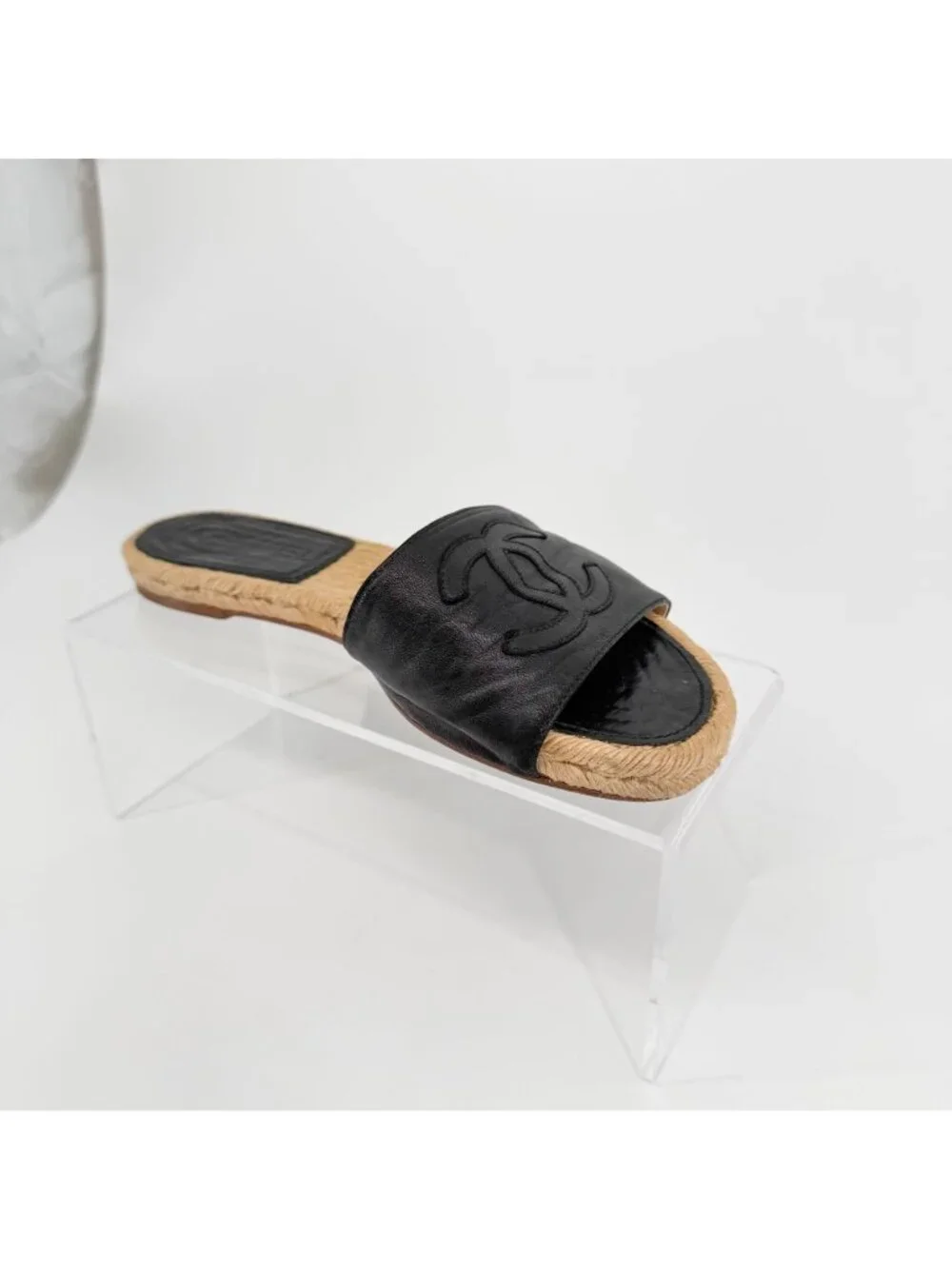 Chanel CC Flat Espadrille Mule Slide Sandals Black Leather Size 38 US 7-7.5 - Picture 12 of 15